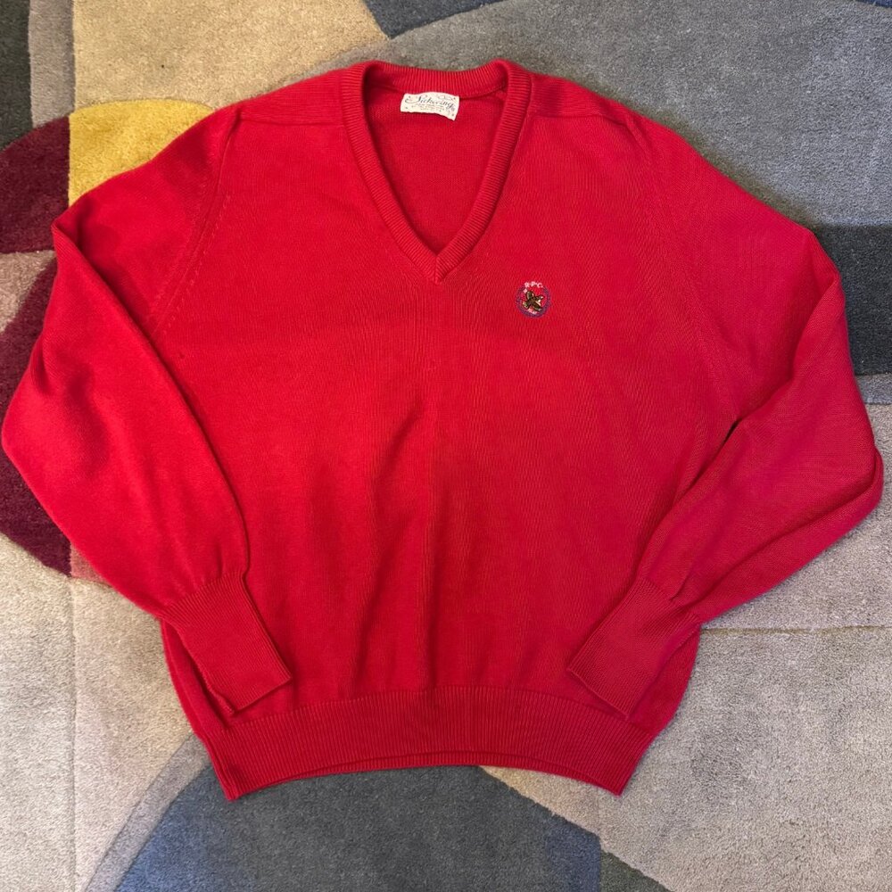 Vintage 70s Pickering USA Red Cotton Crest V Neck Sweater L